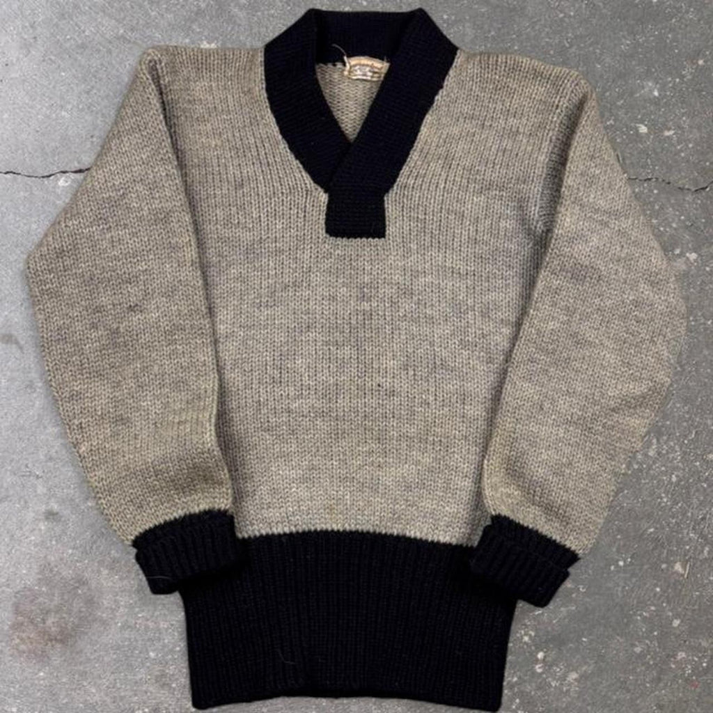 1950s Guaranteed 100% All Wool Two Tone Shawl Collar Sweater | Medium