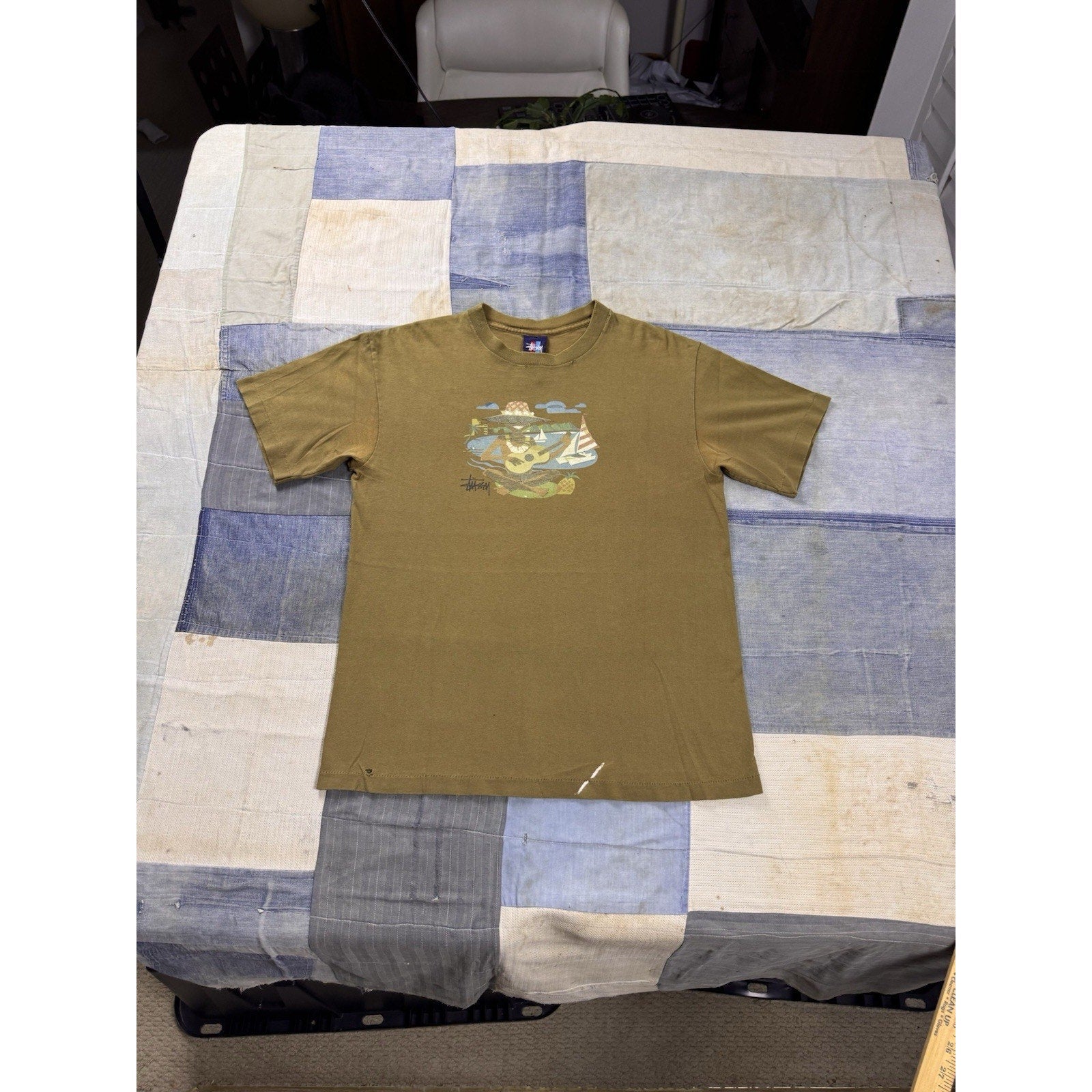 Stussy Surf Musician Vintage Graphic T Shirt USA Made Brown Size Medium Rare