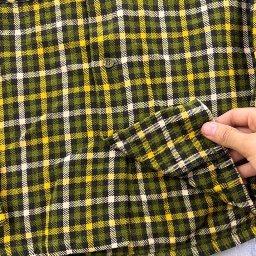 1960s Pendleton Green Yellow Plaid Wool Loop Collar Shirt | Medium