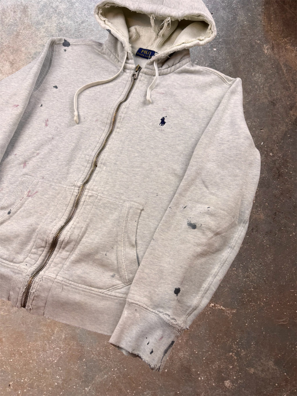 2010s Distressed & Paint Splattered Polo Ralph Lauren Grey Zip Up | Medium