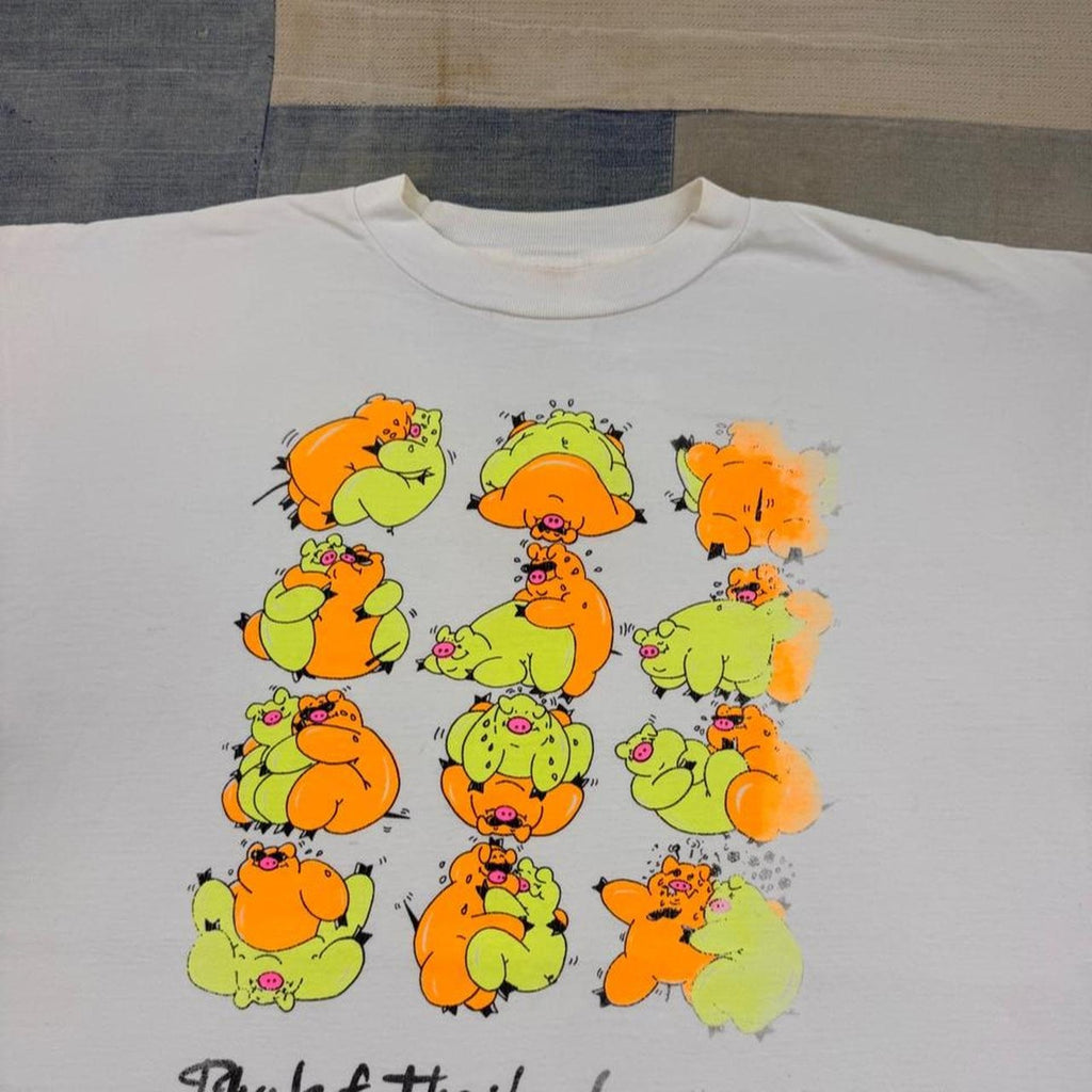 1990s Thailand Cartoon Pigs Graphic Tee Neon Tourist Shirt | XL