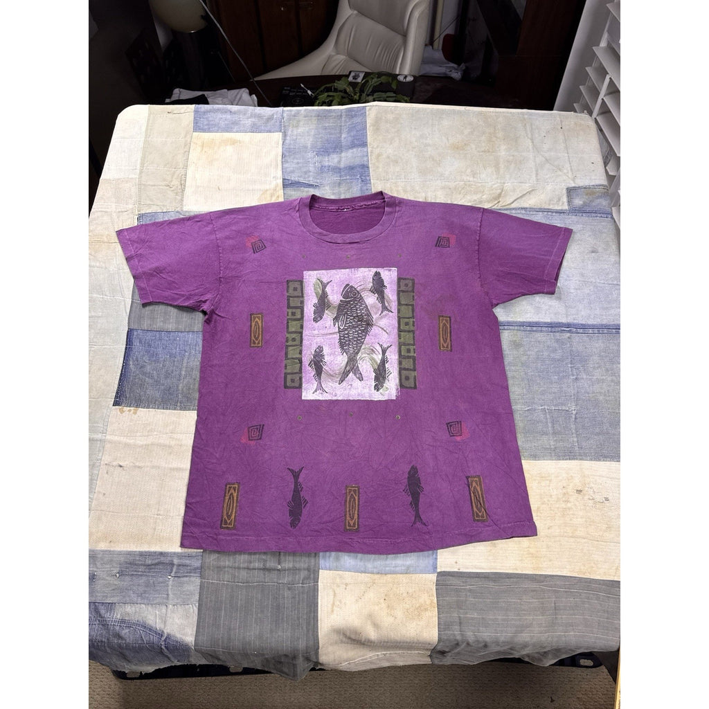 Vintage 90s Fish Art Graphic T Shirt Purple All Over Print Single Stitch XL