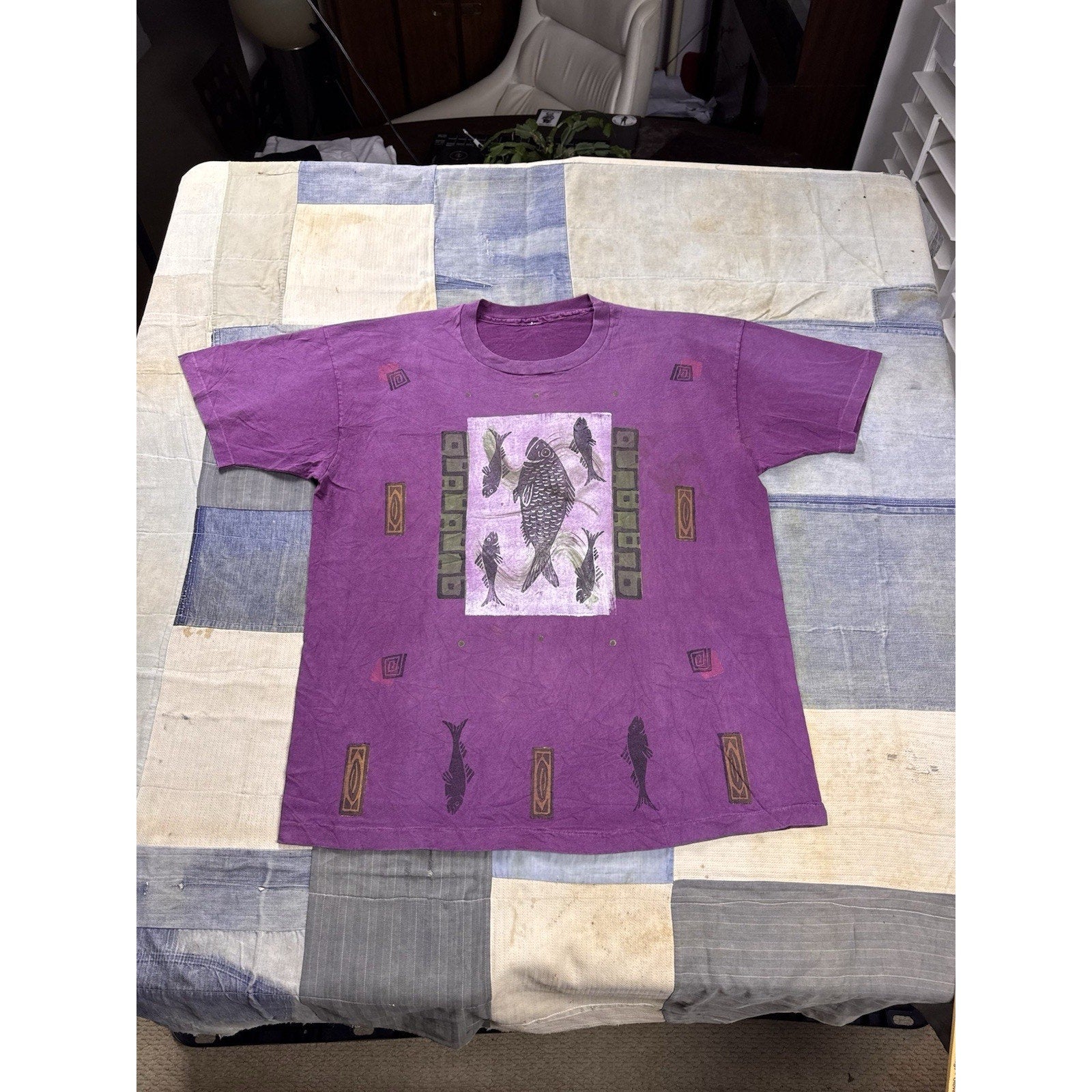 Vintage 90s Fish Art Graphic T Shirt Purple All Over Print Single Stitch XL
