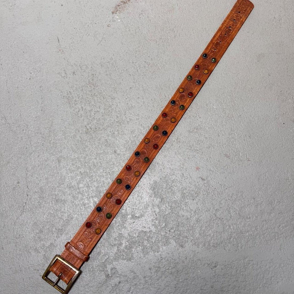 1960s Multicolor Jeweled Tooled Leather Western Belt | 29.5”