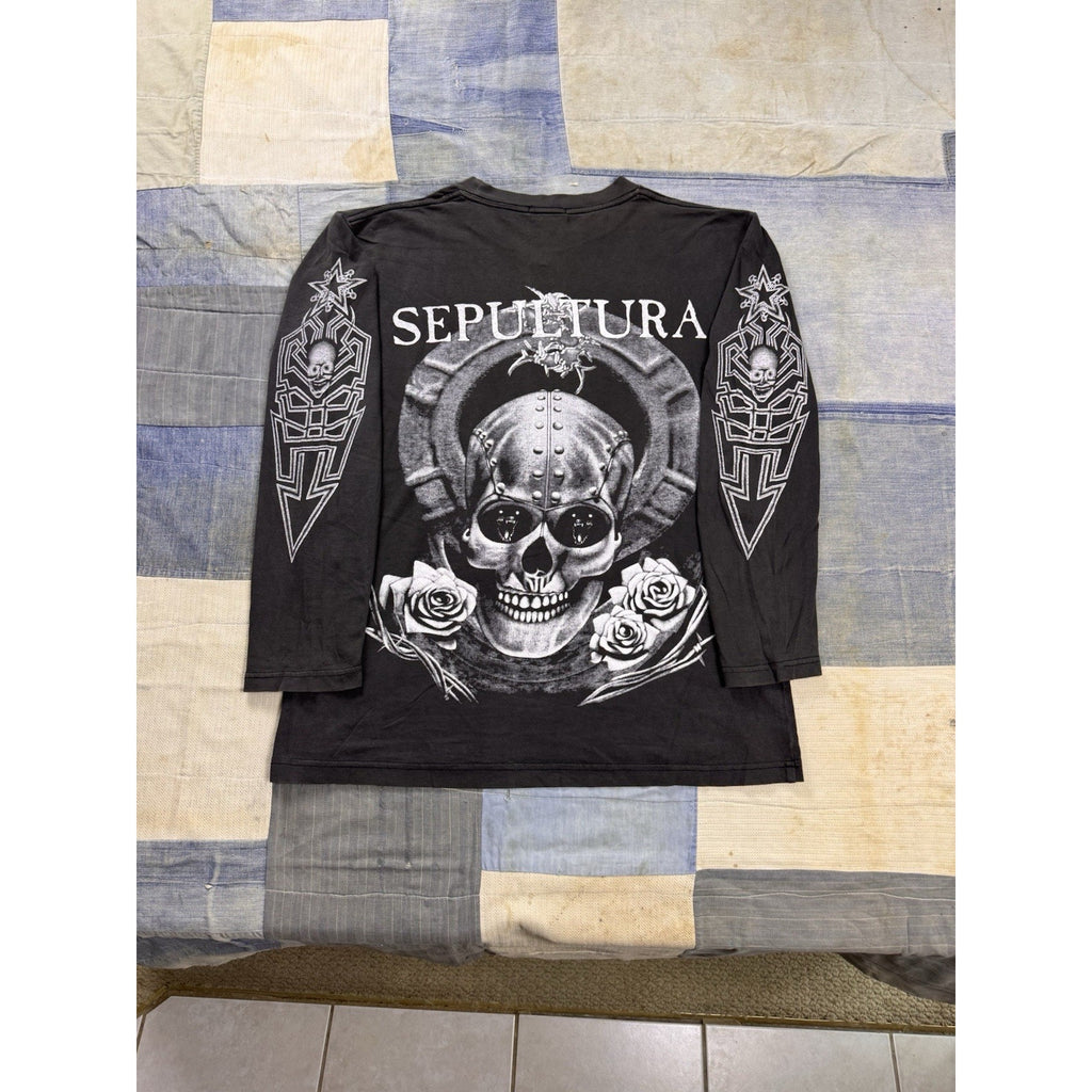 Vintage Sepultura Long Sleeve Band T Shirt Black Skull Graphic Metal Size XL
