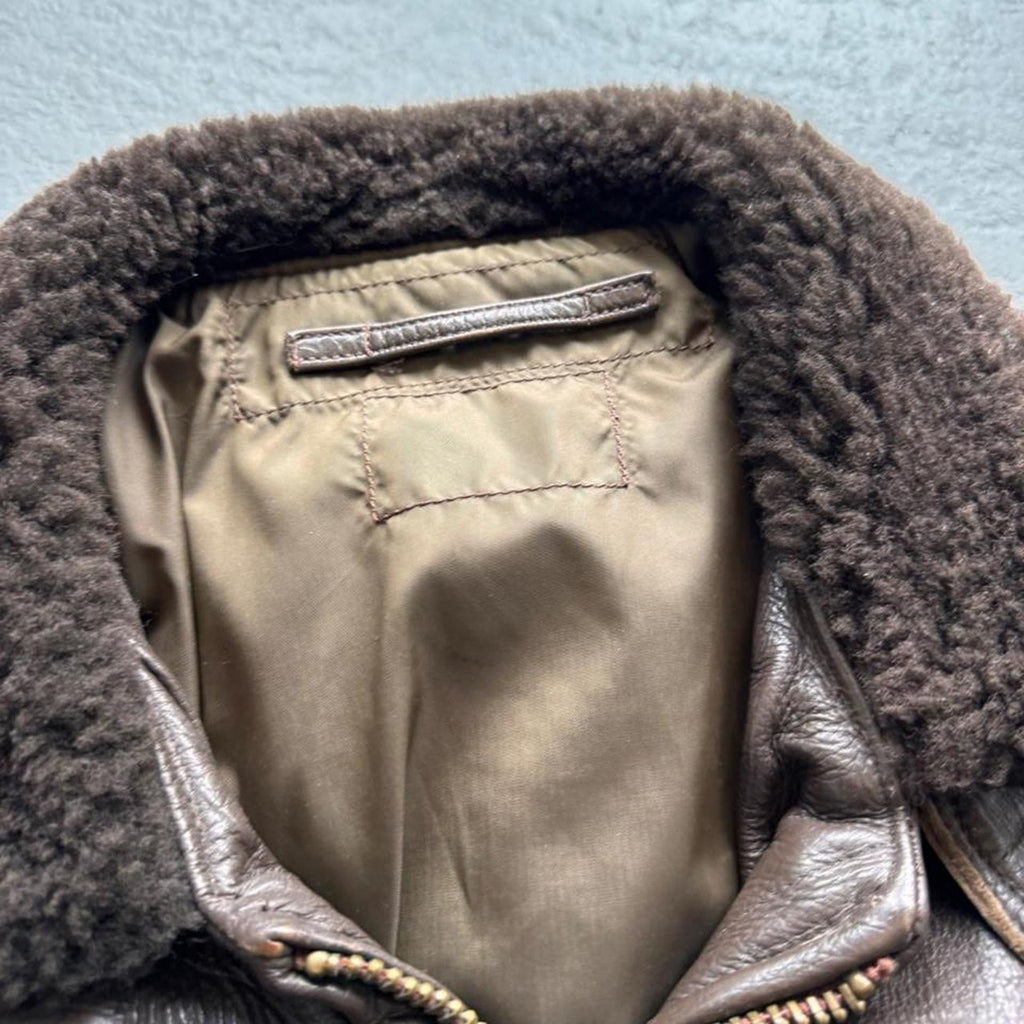 1970s–80s USN G-1 Brown Leather Flight Jacket Mouton Collar Serval Zipper