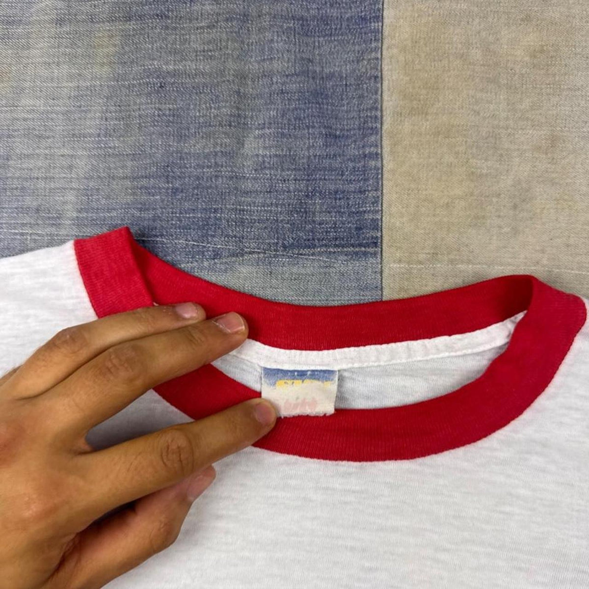 1980s USA Stars & Stripes Patriotic Ringer Tee White Red | Large