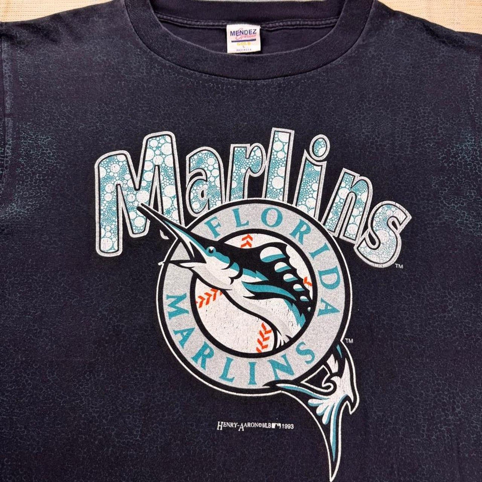 1993 Florida Marlins Henry-Aaron Crackle Print Tee | Large