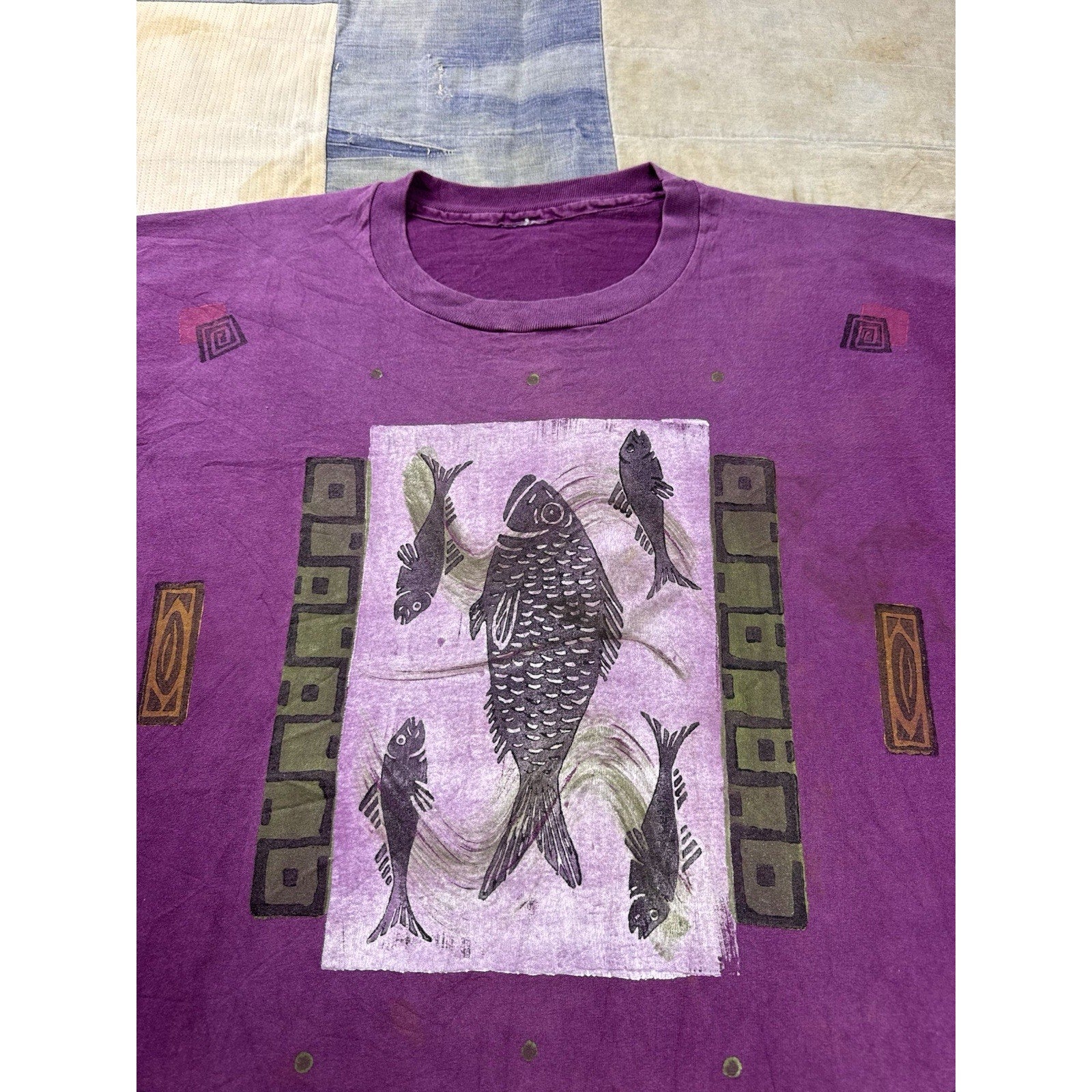 Vintage 90s Fish Art Graphic T Shirt Purple All Over Print Single Stitch XL