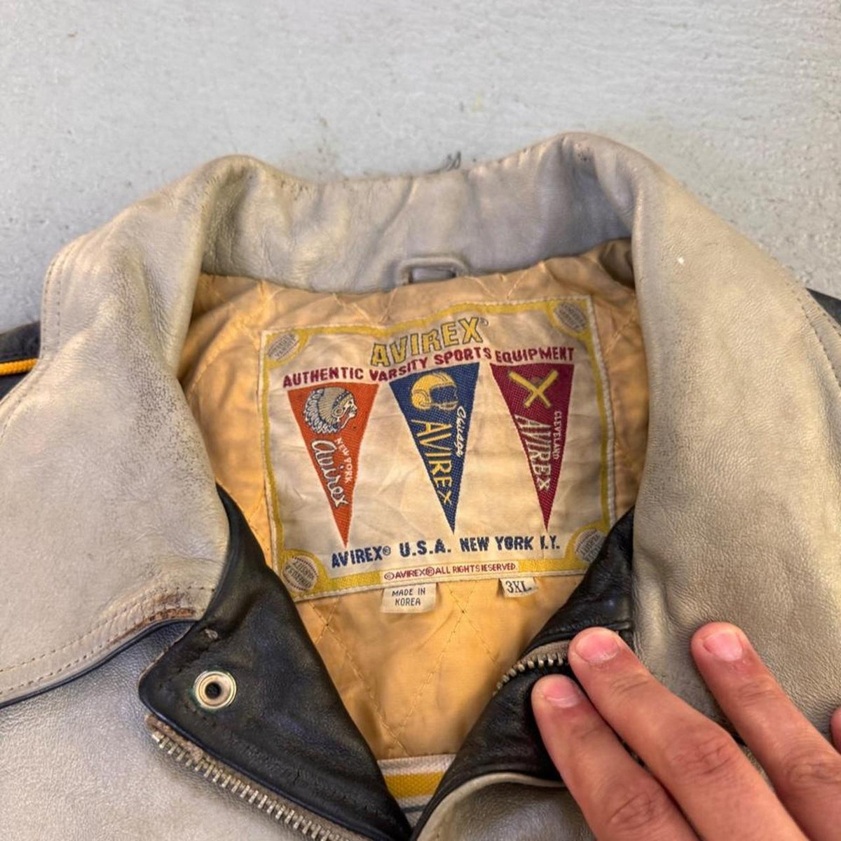 1990s Avirex The Kings Gold Kickoff Leather Varsity Jacket | 3XL