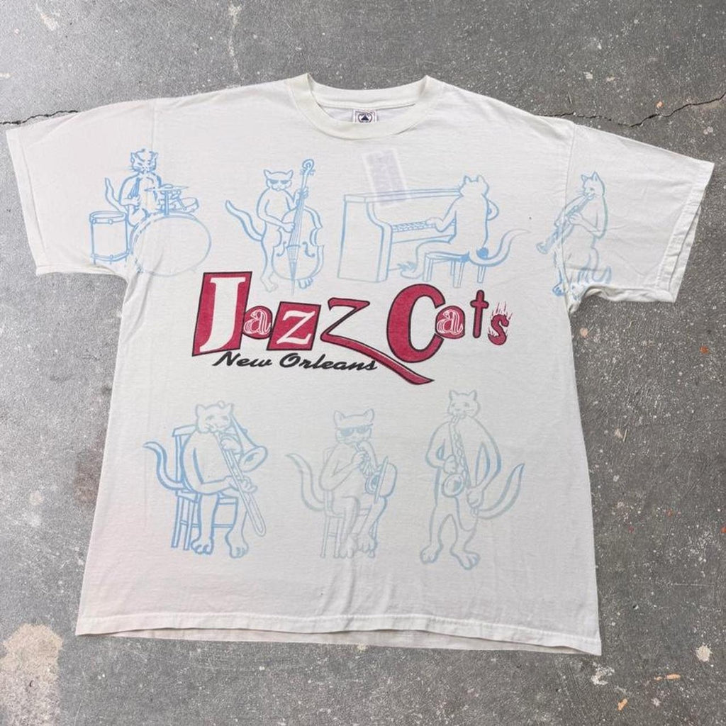 1990s New Orleans Jazz Cats All Over Print Graphic Tee | XL