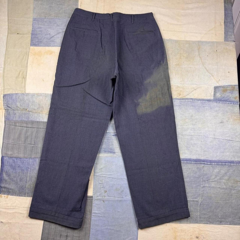 1940s Navy Blue Pinstripe Wool Button Fly Trousers | 32 x 29