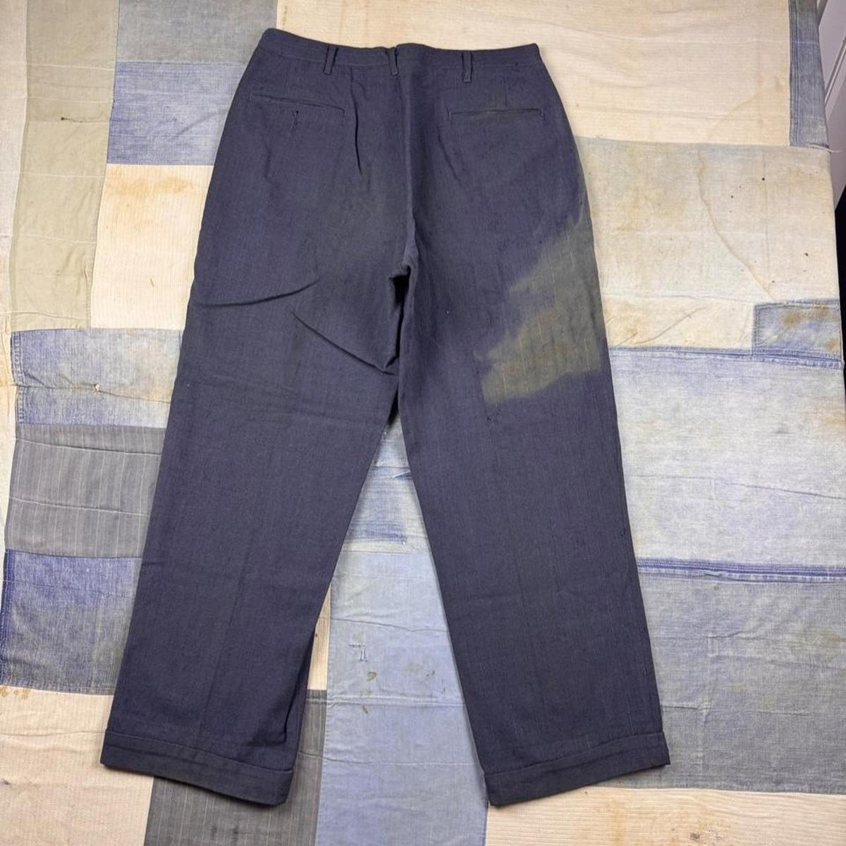 1940s Navy Blue Pinstripe Wool Button Fly Trousers | 32 x 29