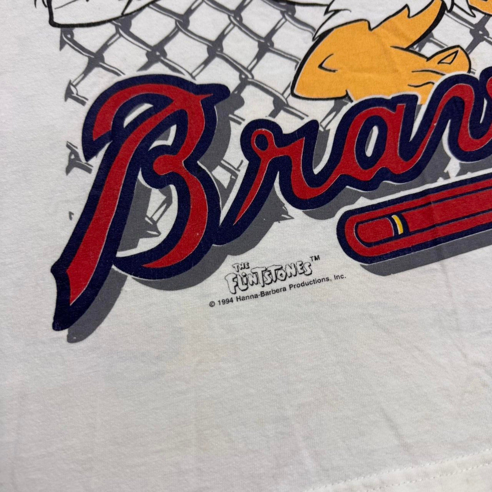 1994 Atlanta Braves Fred Flintstones cartoon tee with cartoon baseball Size L