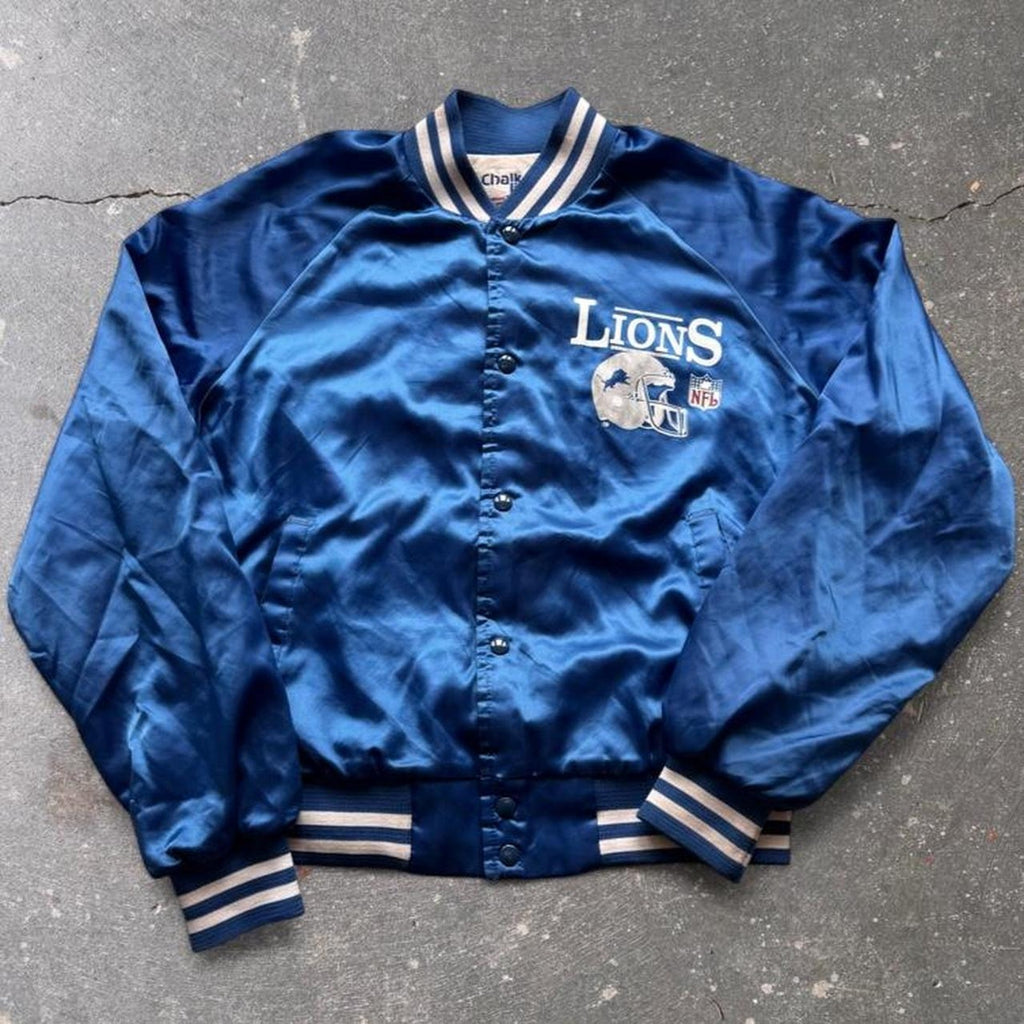 1980s Detroit Lions Chalk Line Satin NFL Bomber Jacket Made in USA | Large