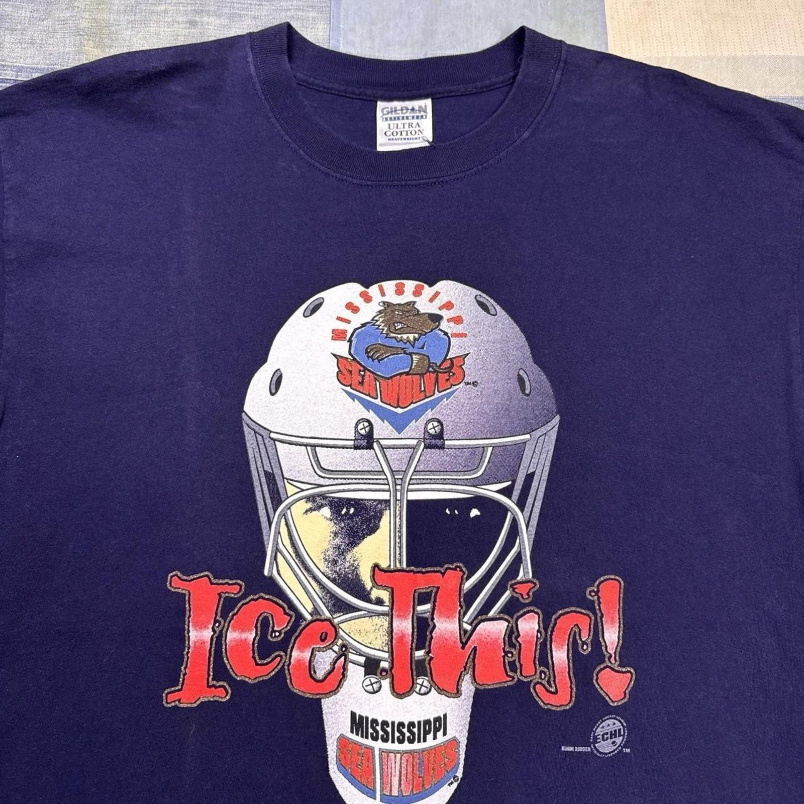 Vintage Mississippi Sea Wolves Ice This ECHL Hockey T Shirt XL Gildan Y2K