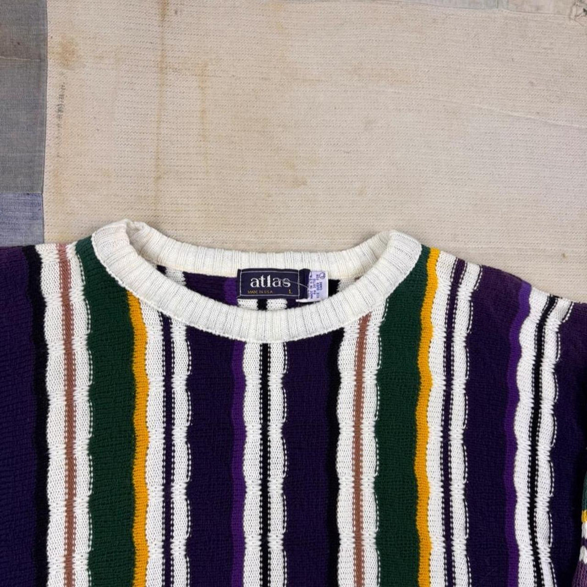 1990s Atlas Coogi Style 3D Textured Knit Sweater Purple Green Striped Cosby | L