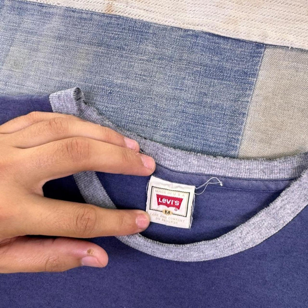 1990s Levi's Original Blue Jeans Atomic Logo Ringer Tee Made in USA | Large
