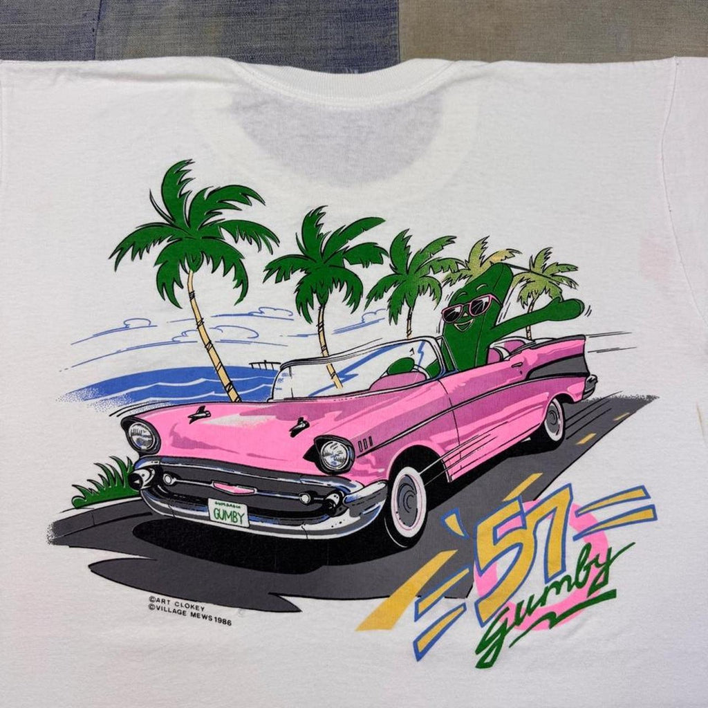 1986 Gumby '57 Chevy Convertible Art Clokey Double Sided Tee | Large