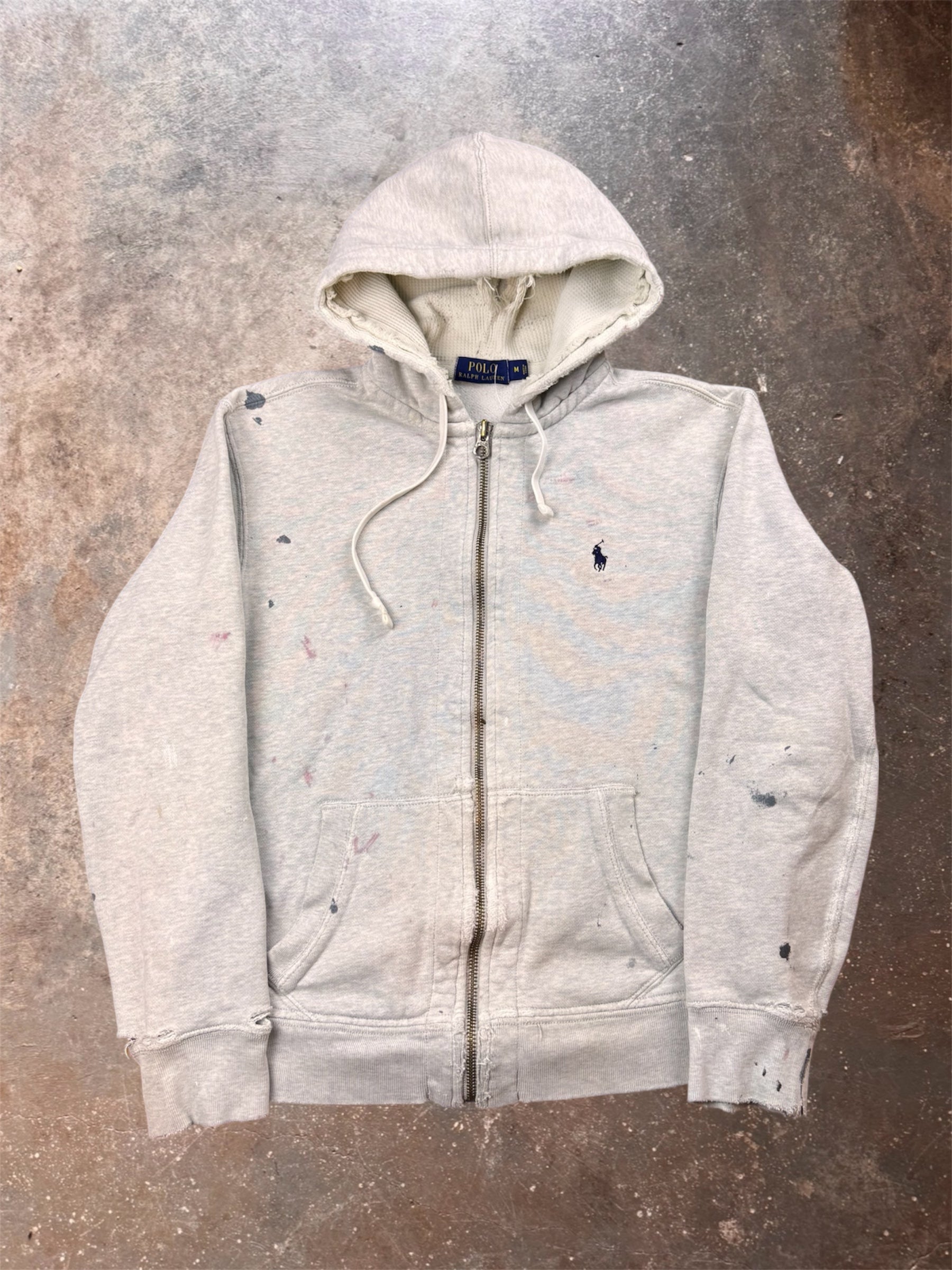 2010s Distressed & Paint Splattered Polo Ralph Lauren Grey Zip Up | Medium