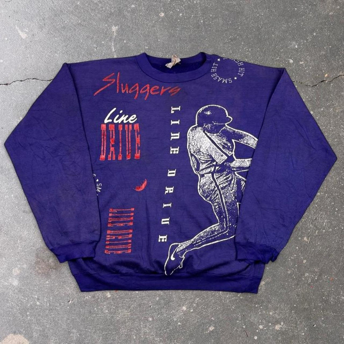 1990s Baseball Sluggers Line Drive Crewneck Sweatshirt Purple Graphic | M