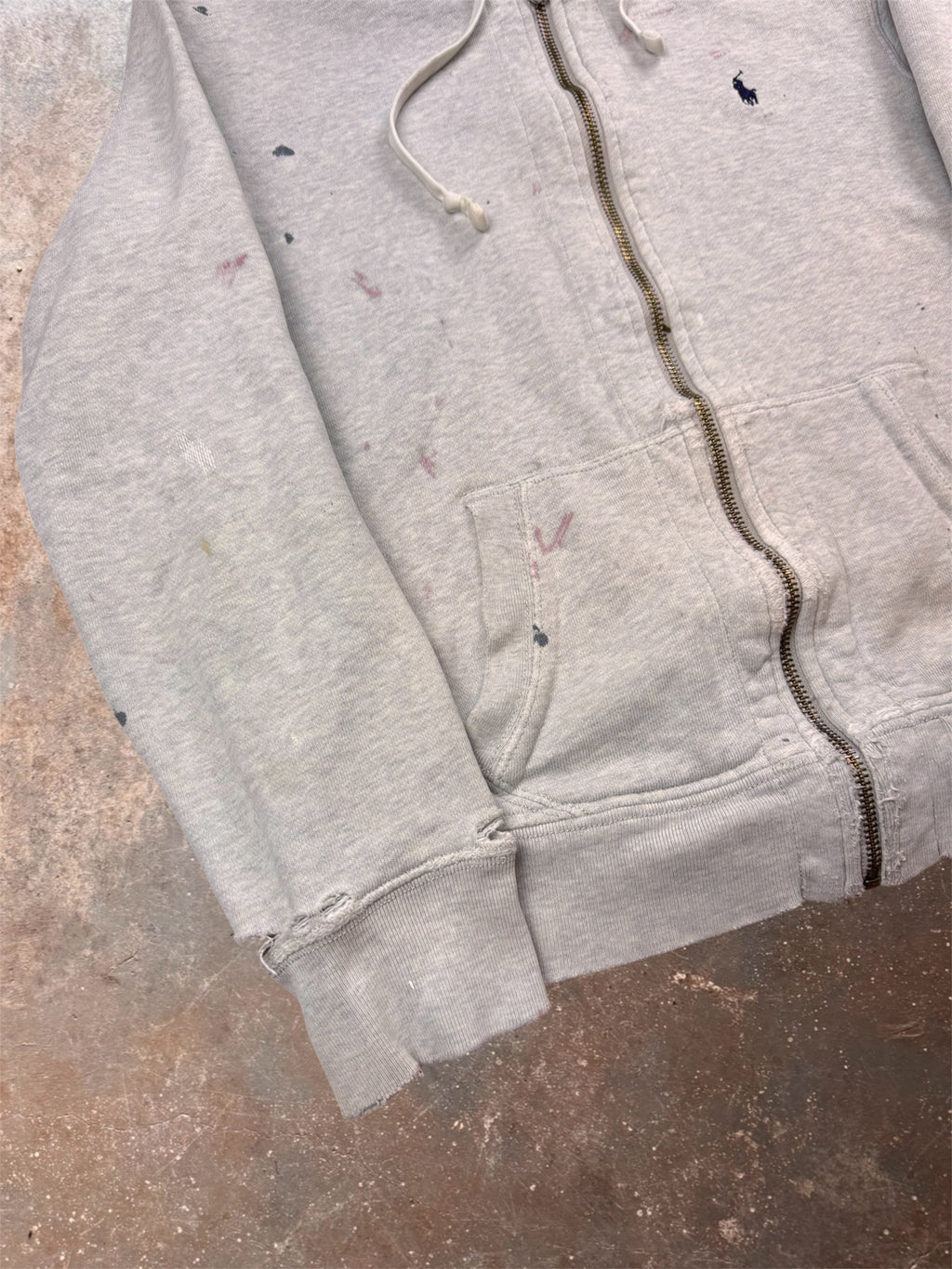 2010s Distressed & Paint Splattered Polo Ralph Lauren Grey Zip Up | Medium
