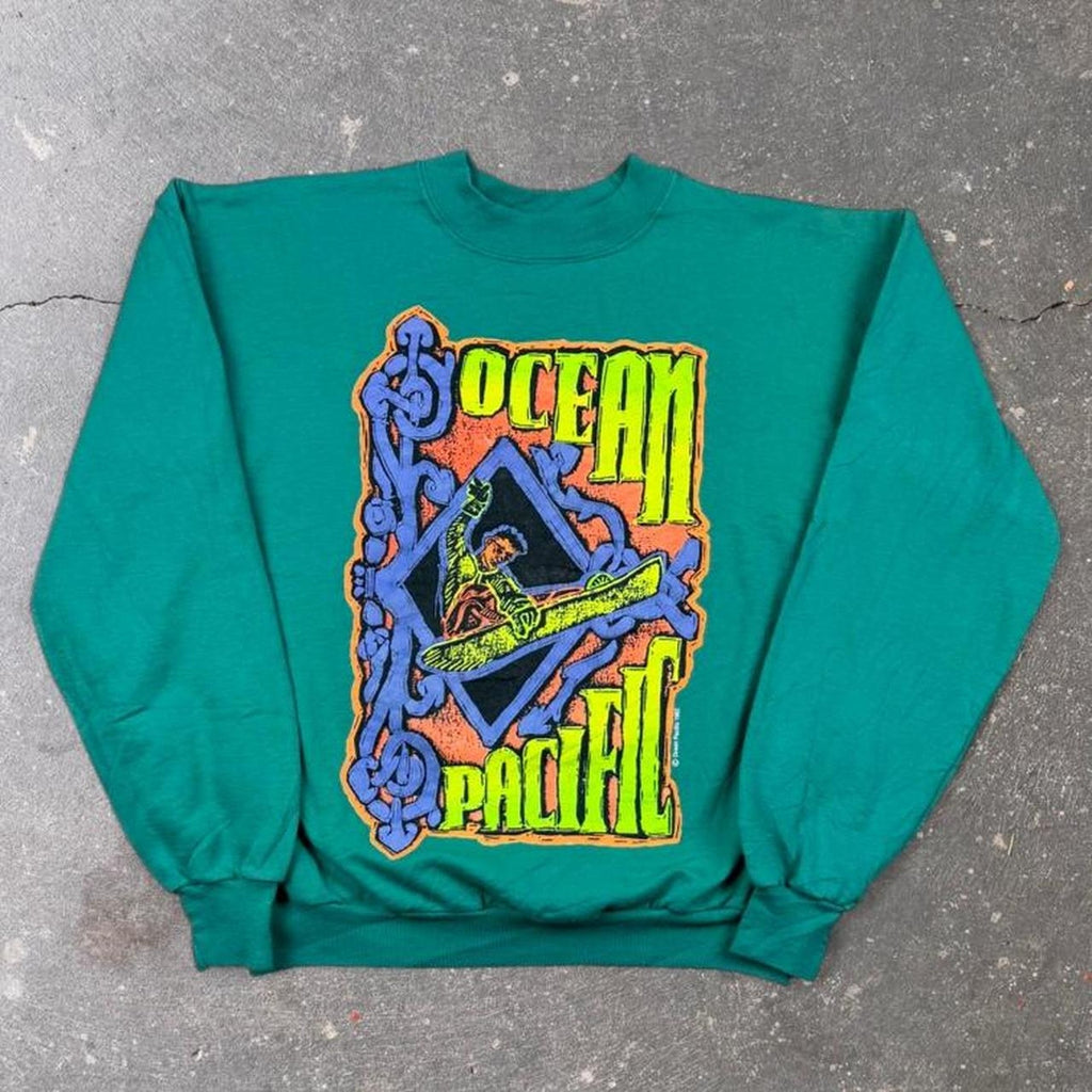 1990s Ocean Pacific Crewneck Sweatshirt Teal Neon Surf Graphic 1992 | M