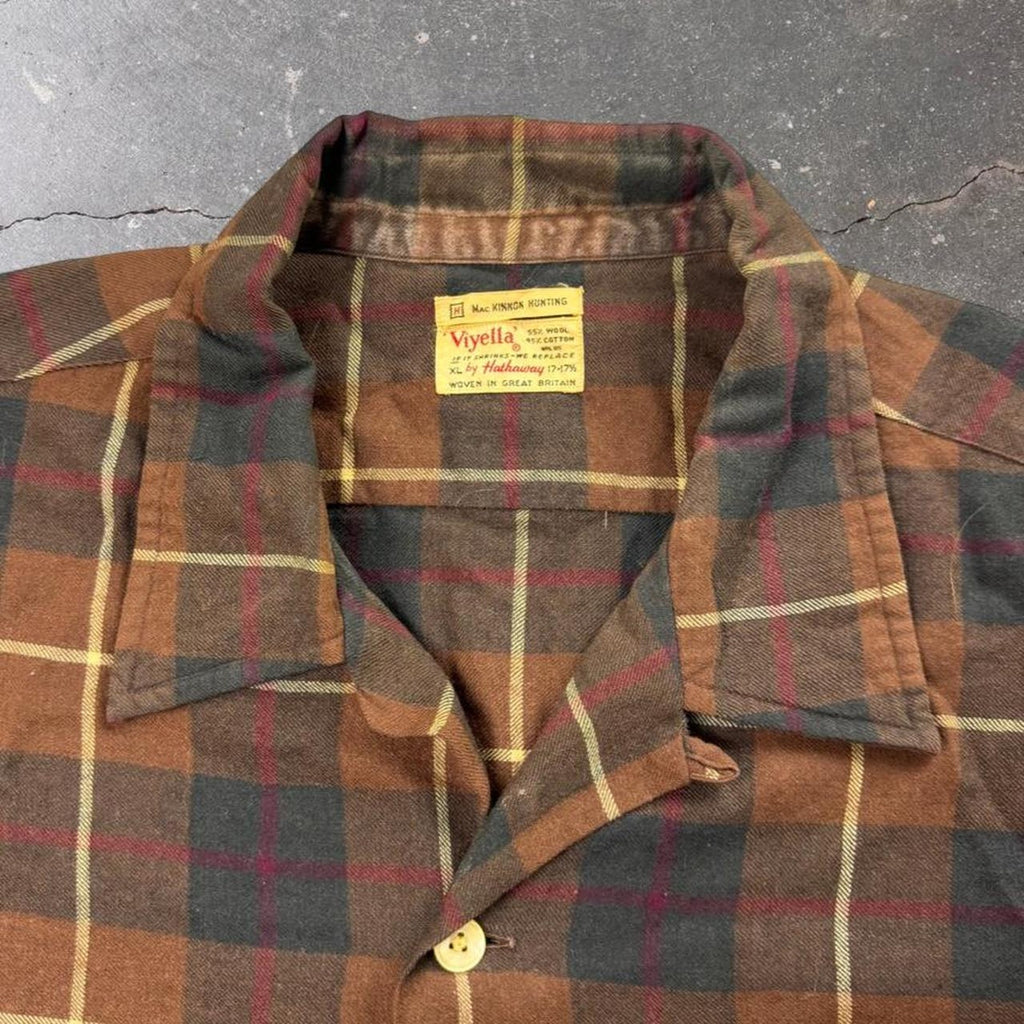 1960s Viyella by Hathaway MacKinnon Hunting Plaid Loop Collar Wool Shirt | XL