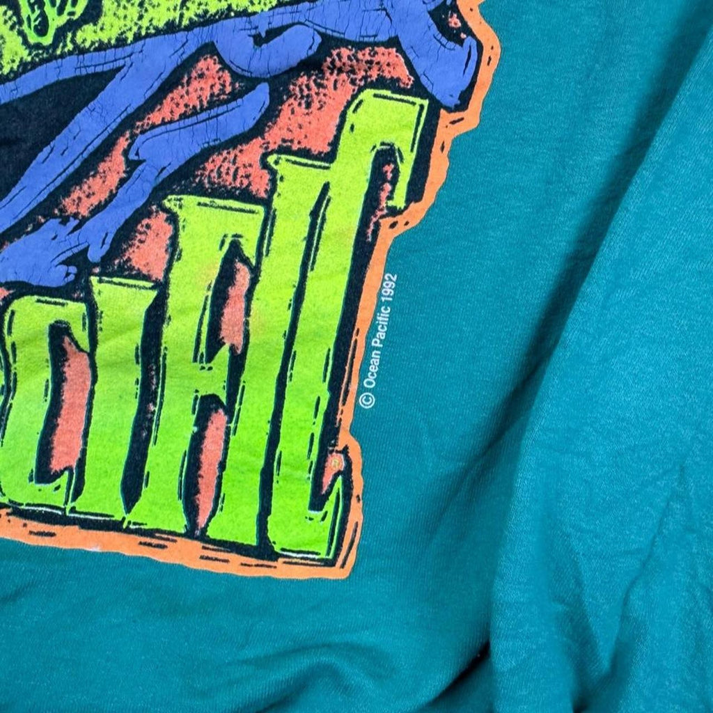 1990s Ocean Pacific Crewneck Sweatshirt Teal Neon Surf Graphic 1992 | M