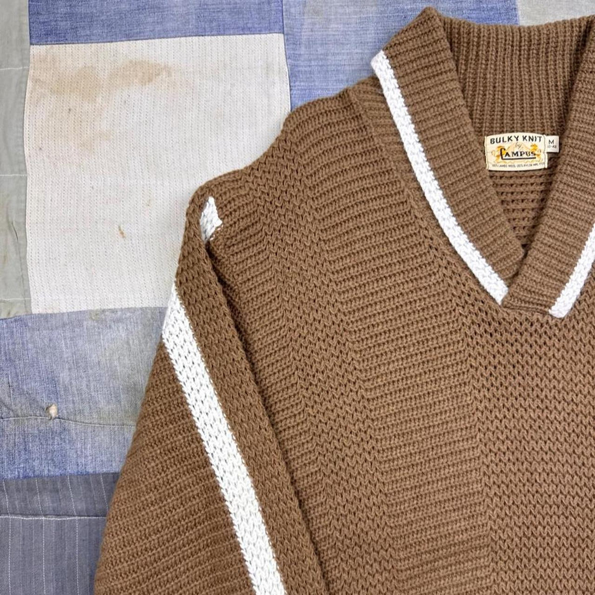 1960s Campus Bulky Knit Shawl Collar Wool Sweater Brown White Stripe | Medium