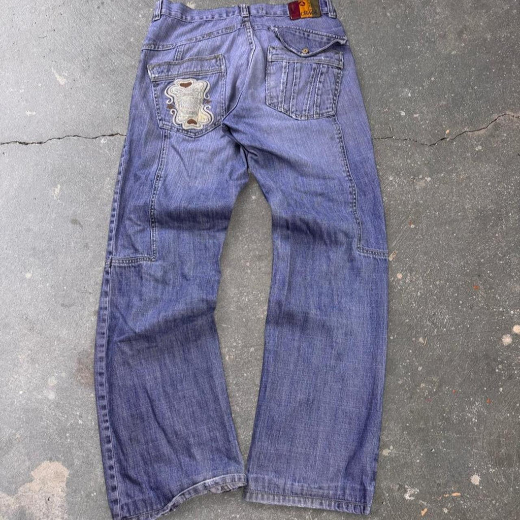 2000s Chaos Embroidered Baggy Denim Jeans | 31x33