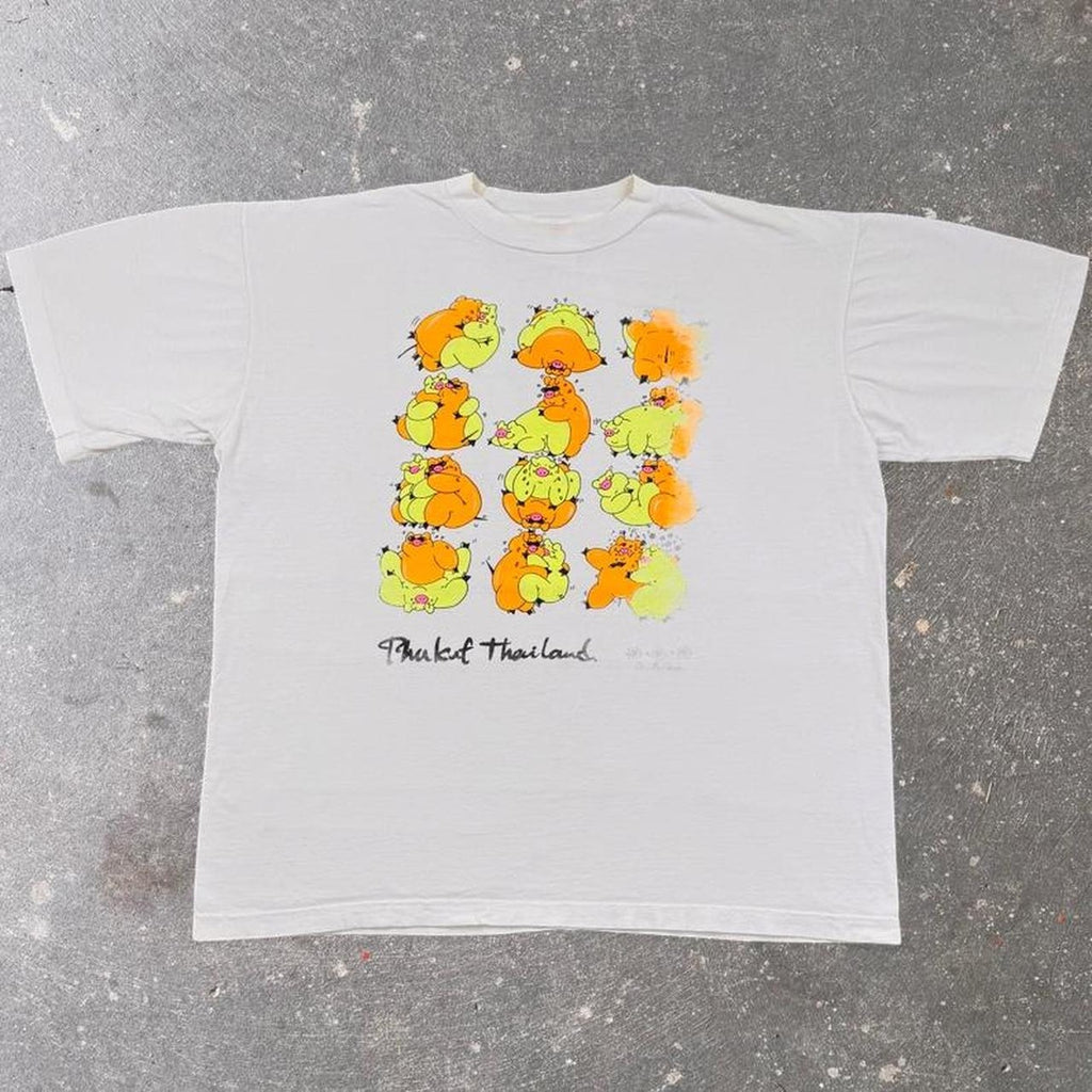 1990s Thailand Cartoon Pigs Graphic Tee Neon Tourist Shirt | XL