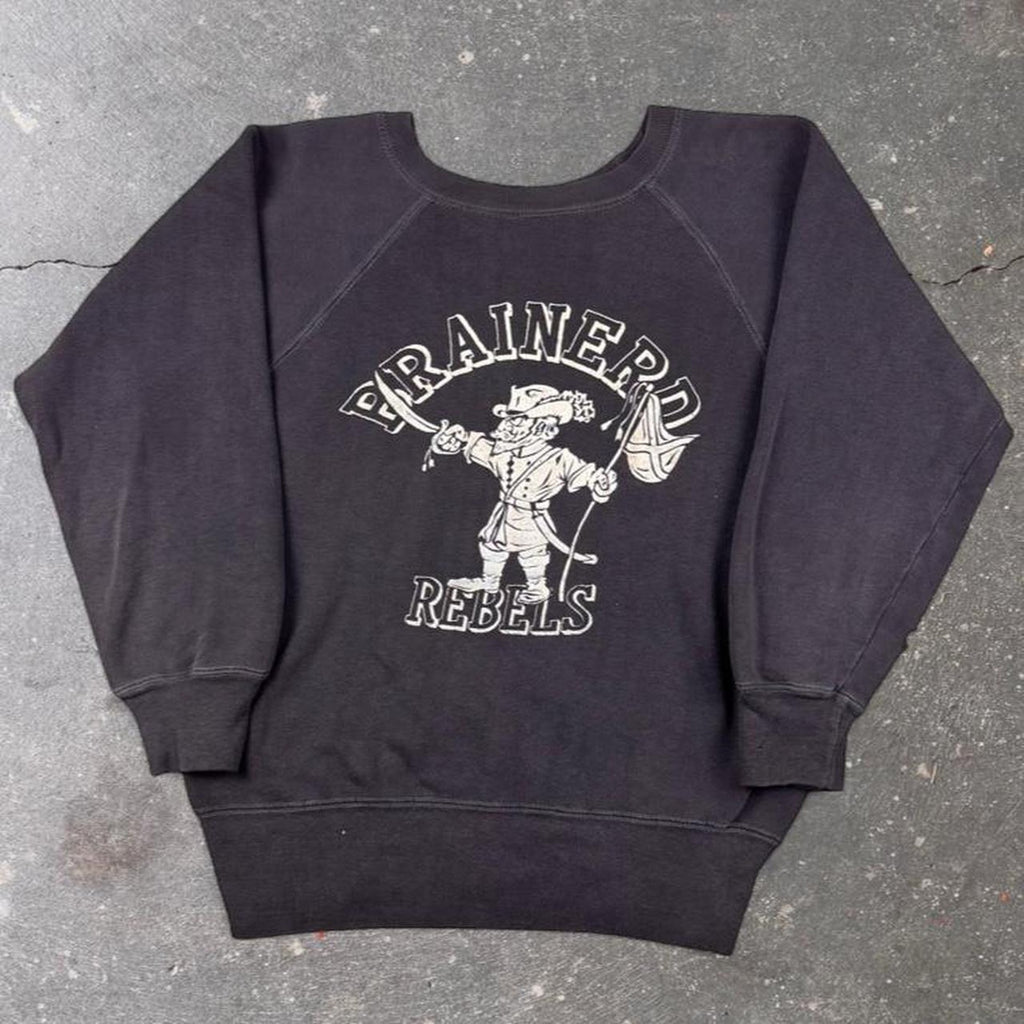 1950s Black Flocked Rebels Confederate Flag Raglan Crewneck Sweatshirt | 21.5x25.5