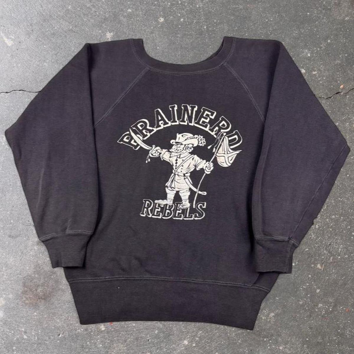 1950s Black Flocked Rebels Confederate Flag Raglan Crewneck Sweatshirt | 21.5x25.5