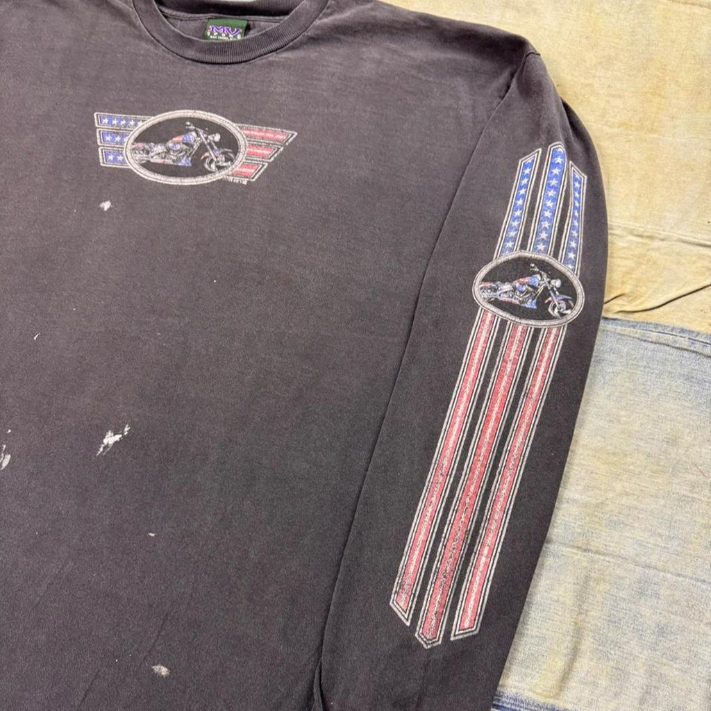 1990s Brackney Leather American Flag Motorcycle Long Sleeve Tee | XL