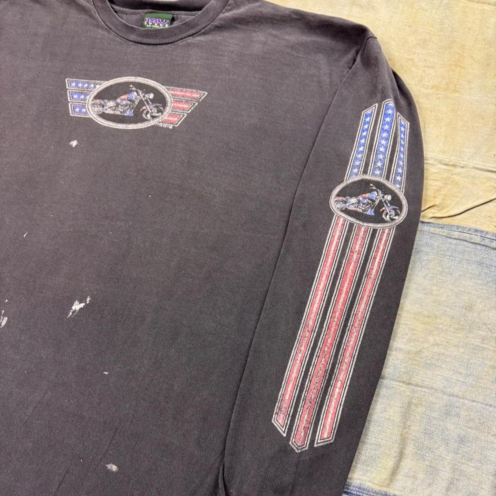 1990s Brackney Leather American Flag Motorcycle Long Sleeve Tee | XL