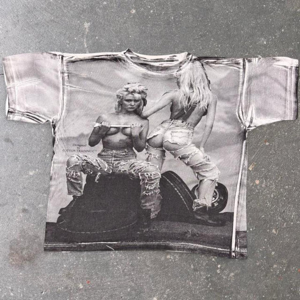 1990s Cotton Trading Co Biker Babes Motorcycle All Over Print Tee | XL