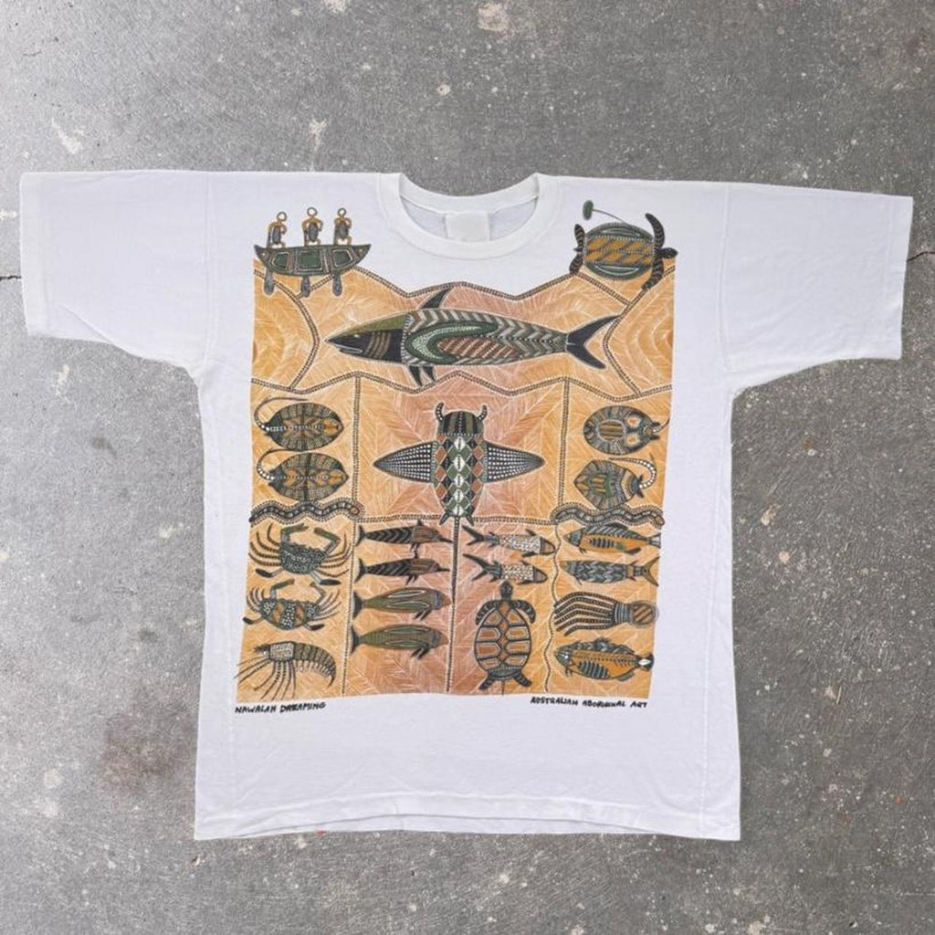 1990s Nawalah Dreaming Australian Aboriginal Art Animal Graphic Tee White | XL