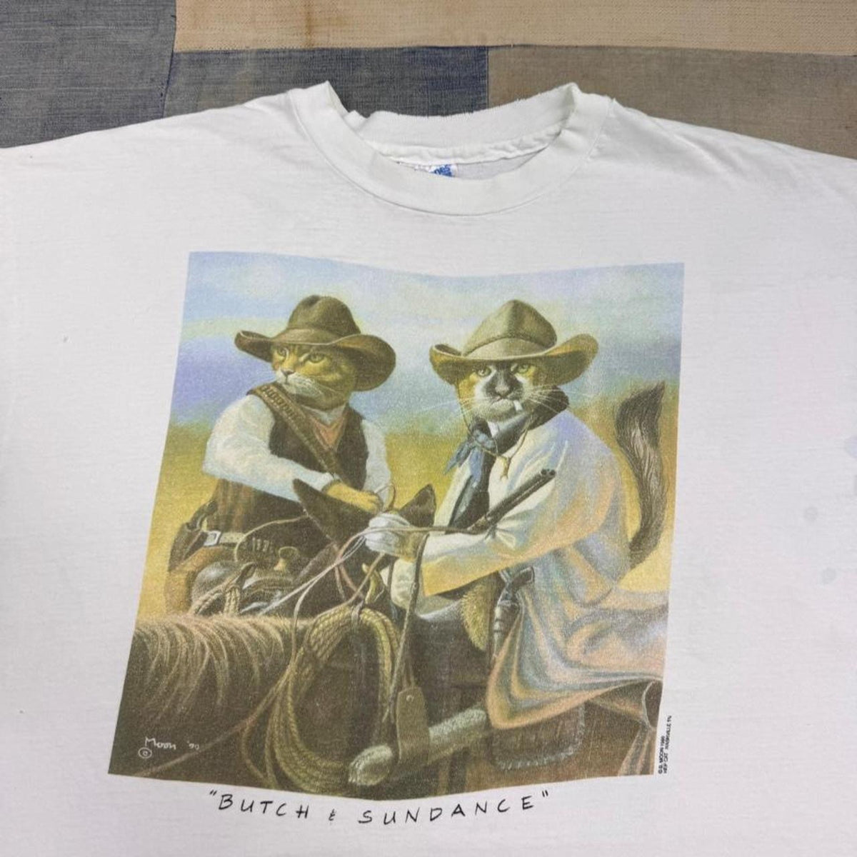 1990 Butch & Sundance Cowboy Cats Graphic Tee Hanes Beefy-T | Extra Large