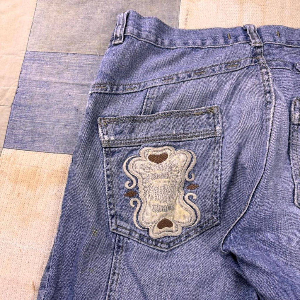 2000s Chaos Embroidered Baggy Denim Jeans | 31x33