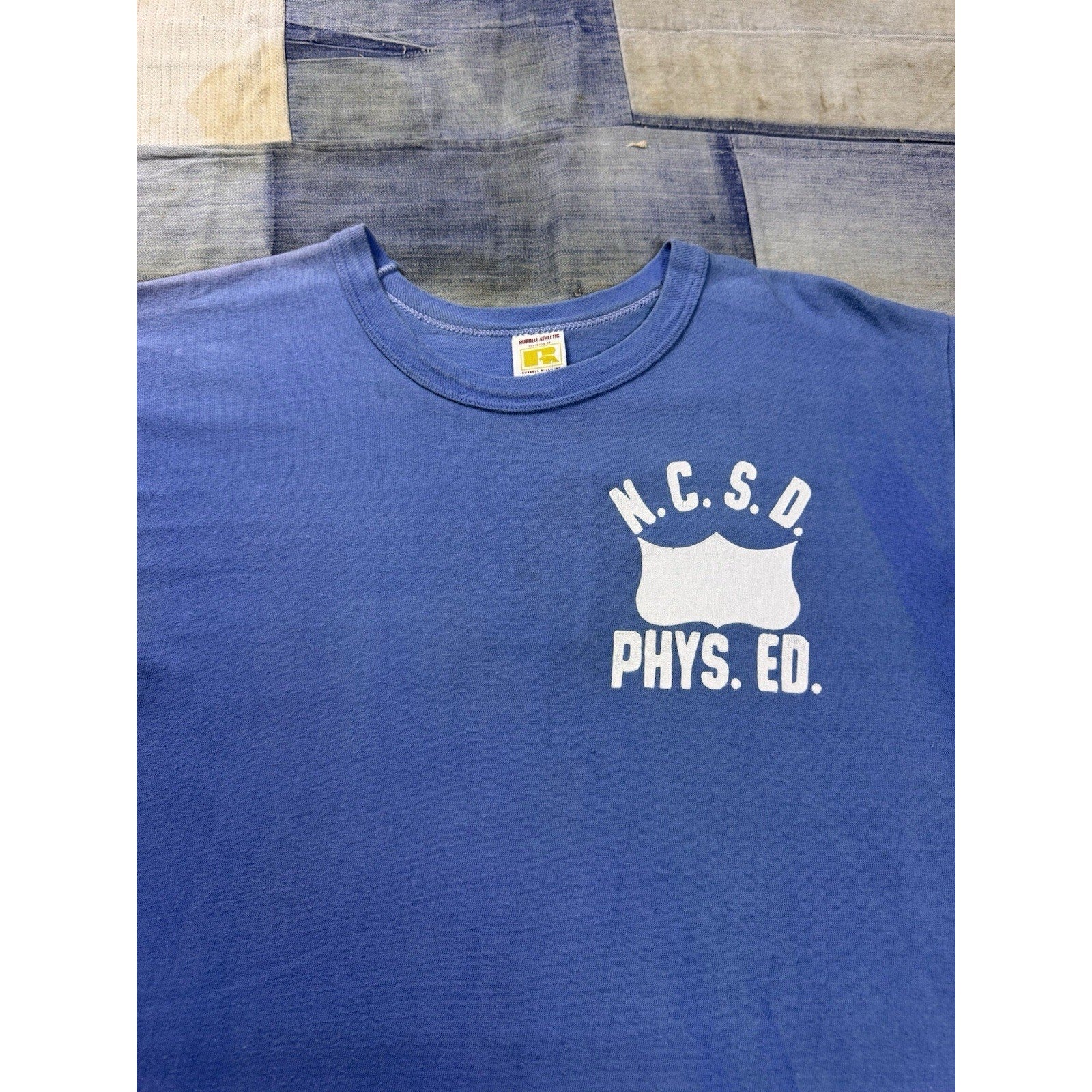 Vintage Russell Athletic MCSD Phys Ed School T Shirt Blue Made USA 90s Large