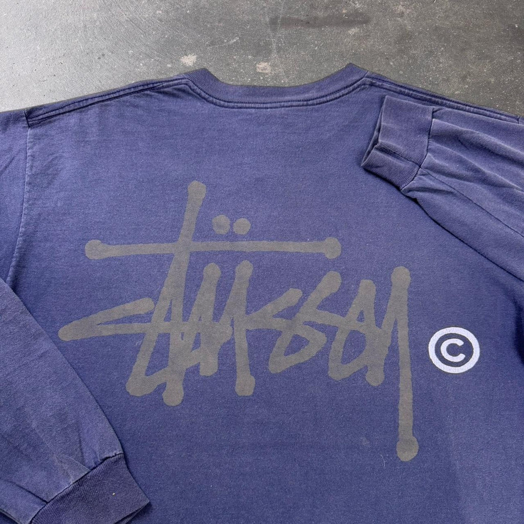 90’s Vintage Stüssy navy blue long sleeve shirt with gray Stüssy logo Size XL