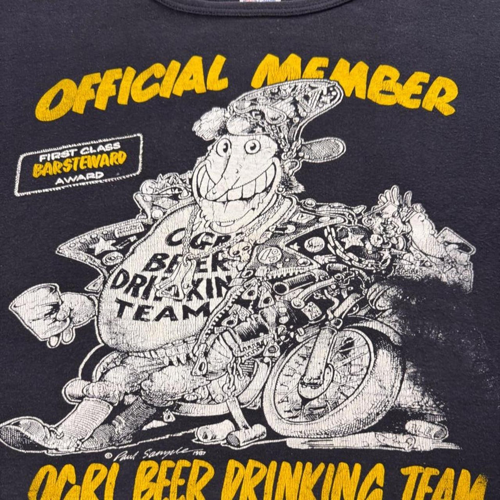 1990s Paul Sample Ogri Beer Drinking Team Biker Tee | Large