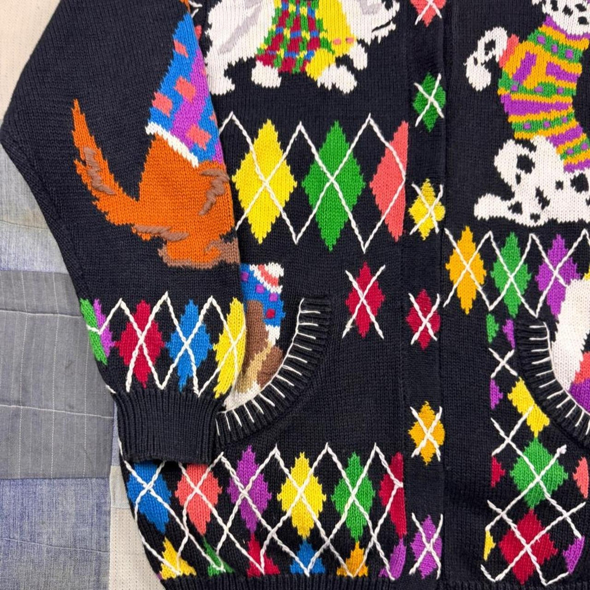 1990s Berek 2 Dog Cardigan Sweater Black Novelty Knit Argyle Dogs | M