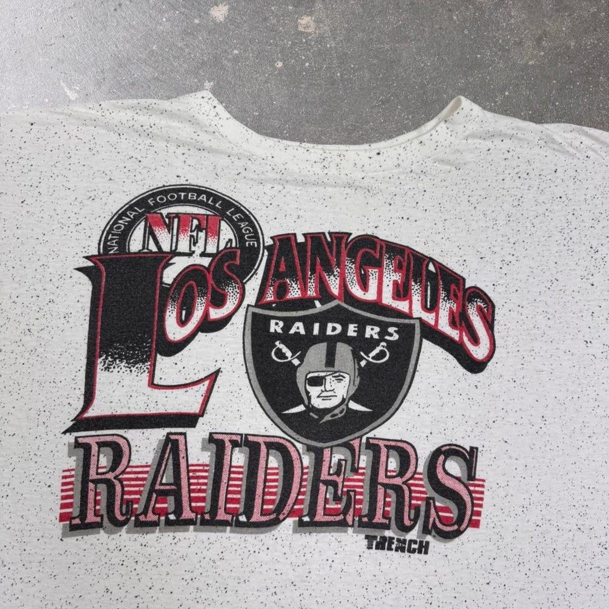 1990s Los Angeles Raiders NFL Trench AOP Speckled Graphic Tee | Extra Large