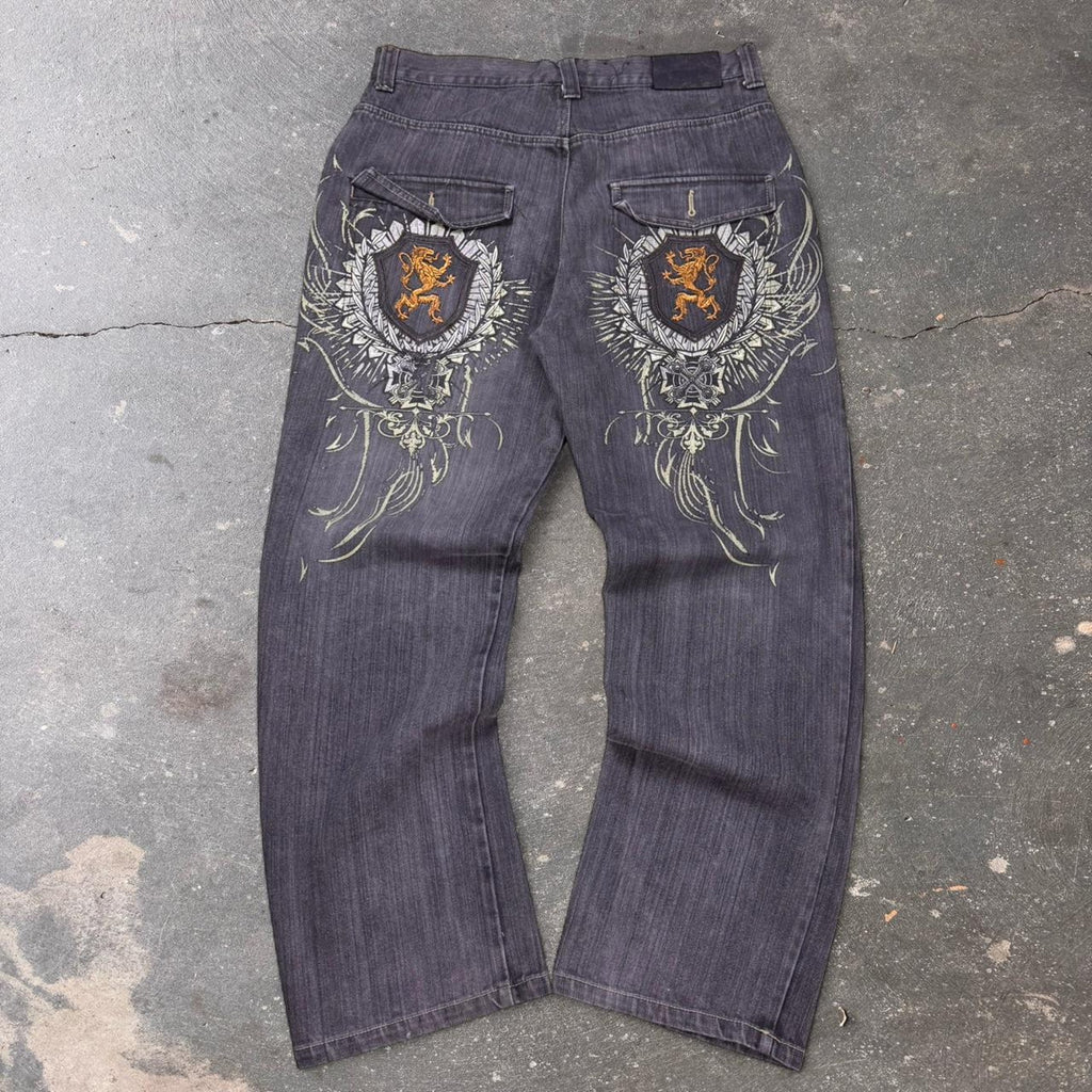 2000s embroidered jeans with lion design | 36x31