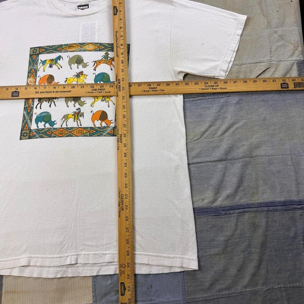 1990s Native American Buffalo and Horse Ledger Art Tee | Large