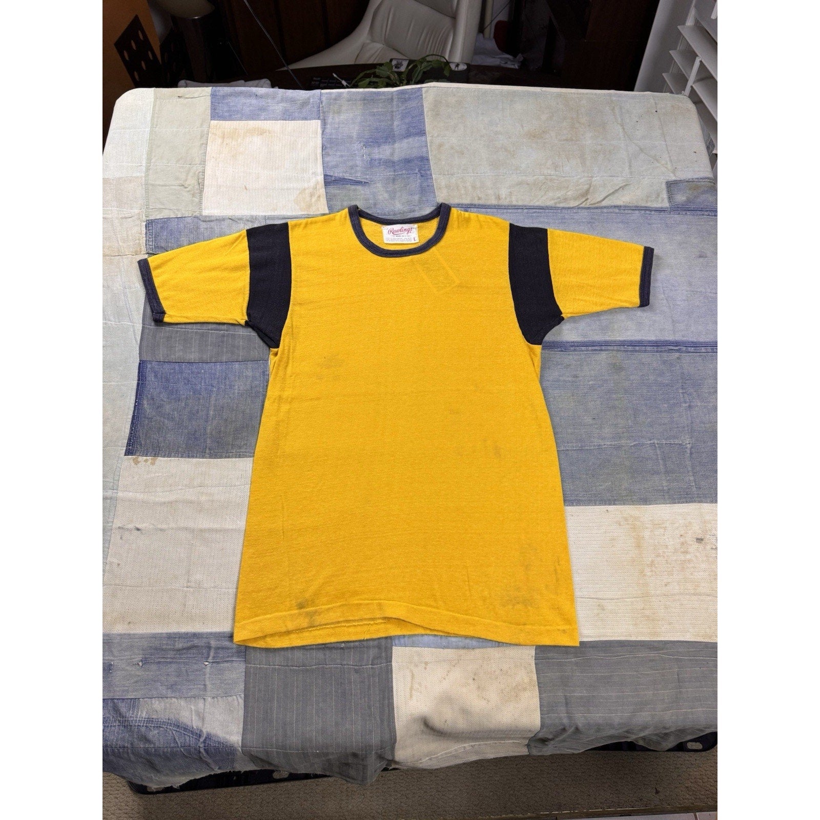 Rawlings Ringer T Shirt Vintage 70s Yellow Navy Made USA Single Stitch Large