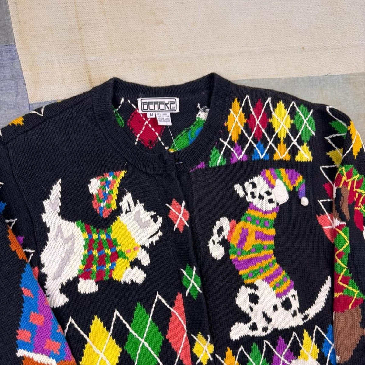 1990s Berek 2 Dog Cardigan Sweater Black Novelty Knit Argyle Dogs | M