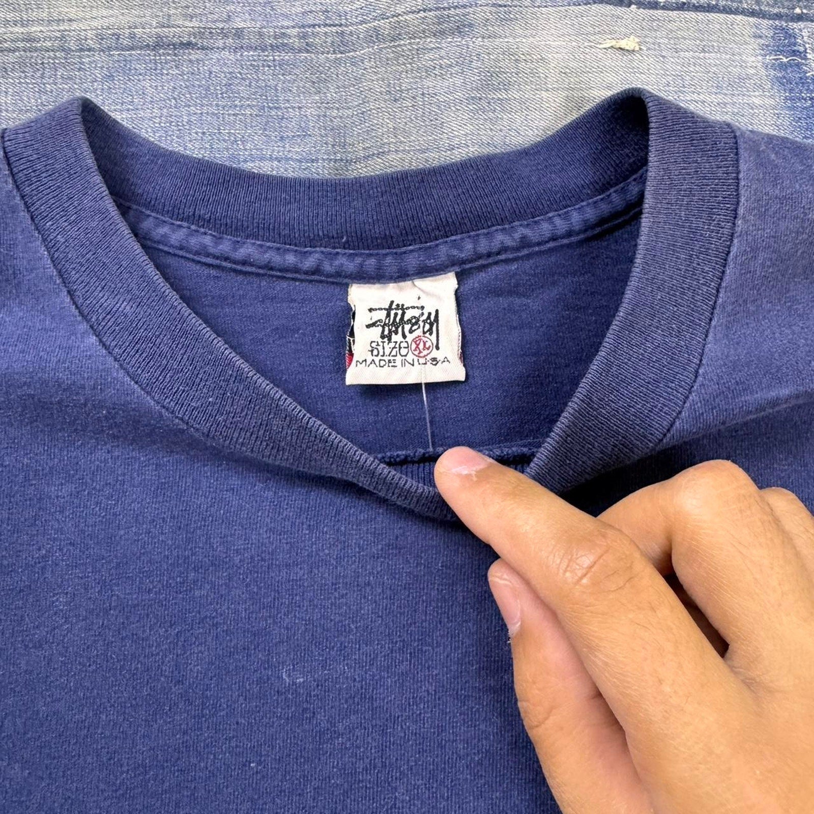90’s Vintage Stüssy navy blue long sleeve shirt with gray Stüssy logo Size XL